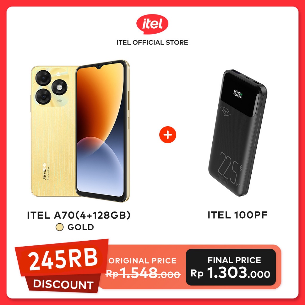 itel Handphone A70 64GB/128GB + TWS / Charger Kabel Type-C ICW-182EC  / Smart Watch 2 ES / Powerbank 100PF Faster Charging 22.5W GARANSI RESMI-2