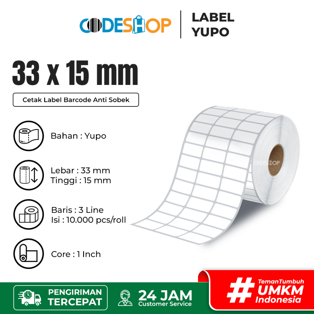 

Label Yupo 33x15 mm Stiker 1" core Printer Barcode Zebra Gprinter