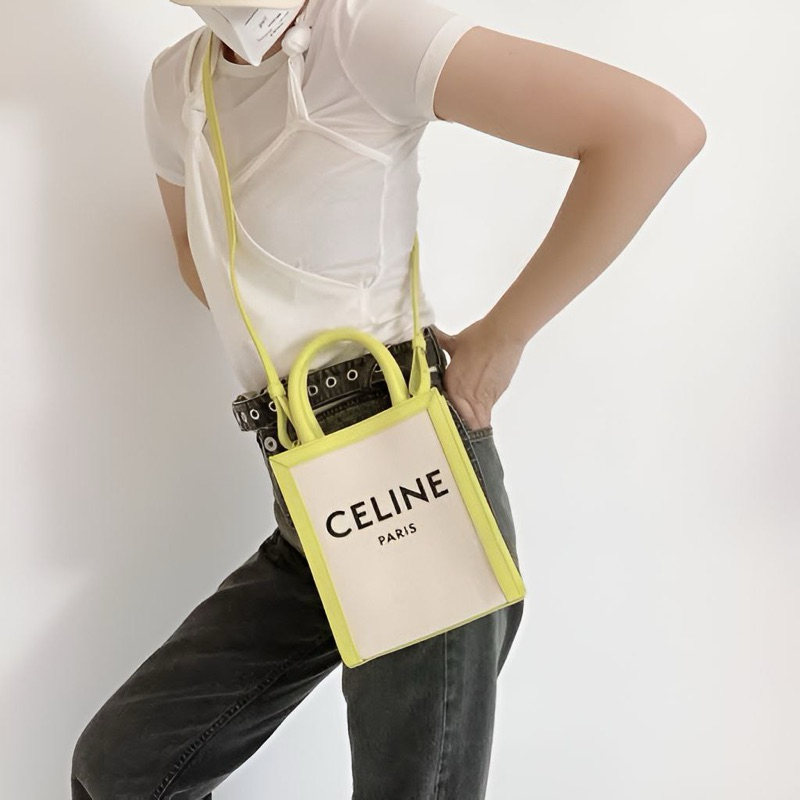 Original Celine Mini Vertical Cabas Satchel / Shoulder / Crossbody Bag in Canvas with Celine Print