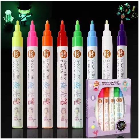 

D3W! AIYE Spidol Permanen Glow In The Dark 1 Set 8 Color Aplikasi Pada Kertas Kaca Batu Plastik