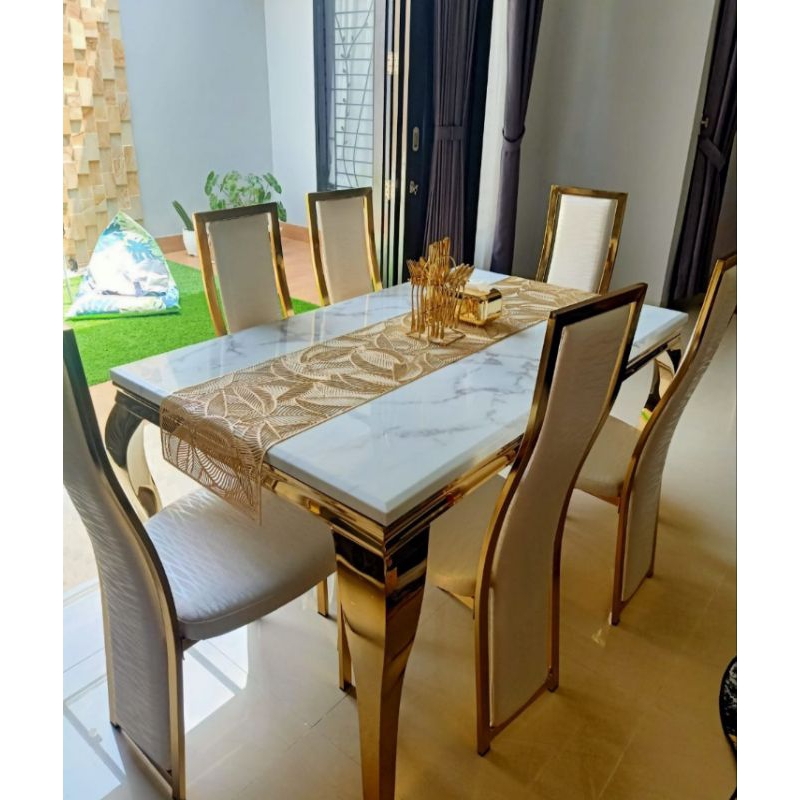 Set Meja Makan Marmer Gold Import + 6 Kursi DS 1601 GW