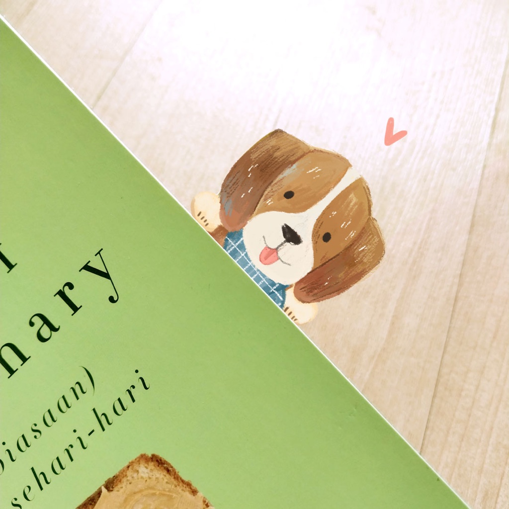 

Bookmark doggo Beagle scarf biru pembatas buku bergambar anjing lucu