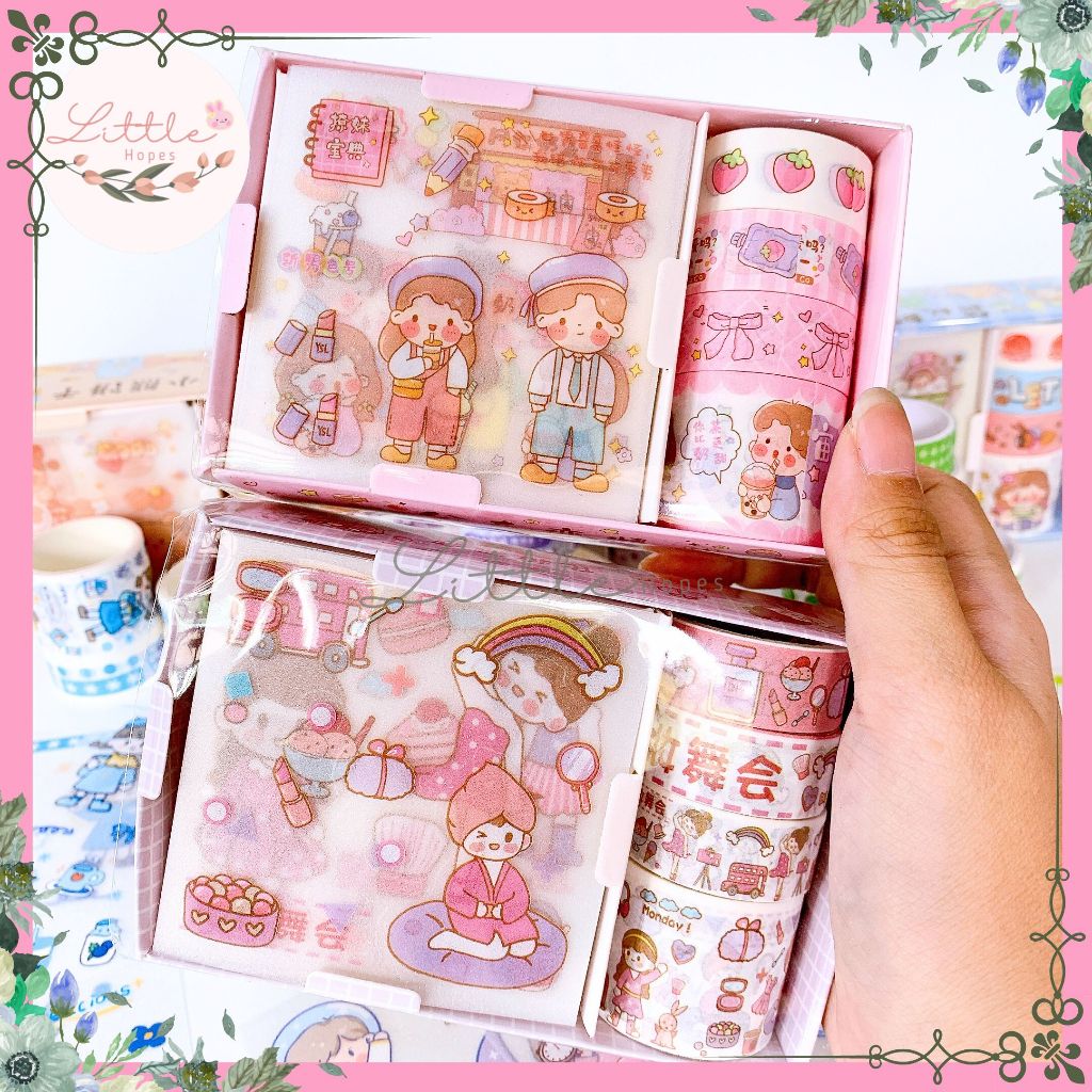 

Paket Box Set Sticker Glitter dan Washi Tape TERMURAH selotip gambar lucu kreatif dekoratif DIY COD