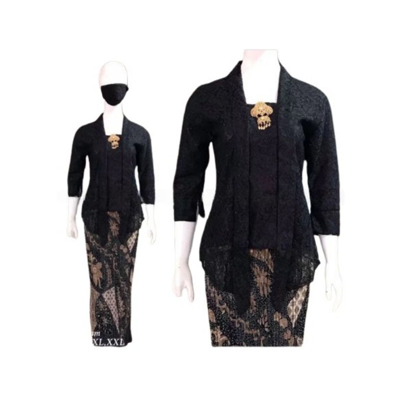 Baju Kebaya Kutubaru Brukat Anak Dewasa Lengan Panjang Plus Rok Lilit Batik Warna hitam Untuk Acara 