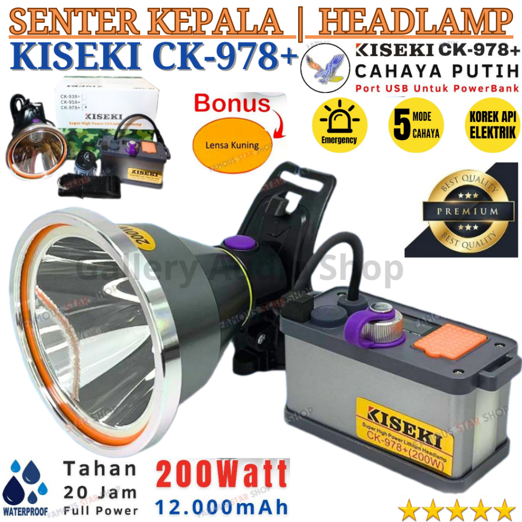 Senter Kepala Super Terang Kiseki CK-978+ 200 Watt | Cahaya Putih Baterai 12.000 mAh Dengan Aki dan 