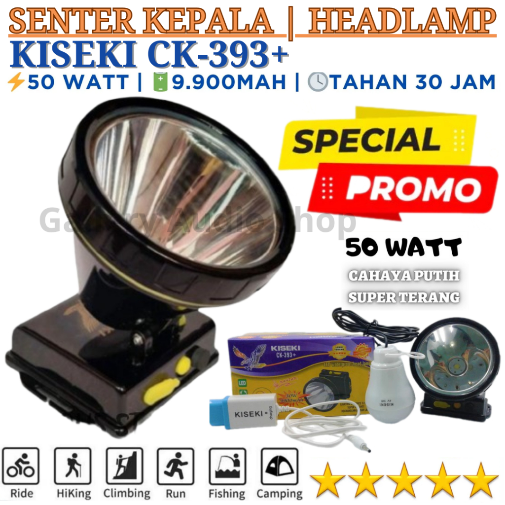 Senter Kepala KISEKI CK-393+ Anti Air 50W | Senter Kepala Original Waterproof Cas Rechargeable Isi U