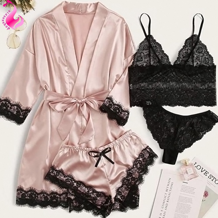 Booming Lingerie y Kimono Silk Set Piyama Satin Baju Tidur Wanita Premium 884