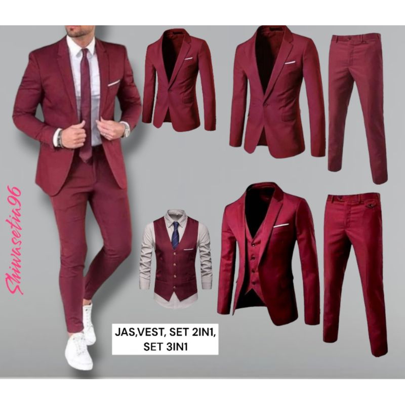 Setelan Jas Formal Pria 2in1, 3IN1 Maroon Custom/Jas Blazer Pria Slimfit Maron /Vest formal Jas /Set