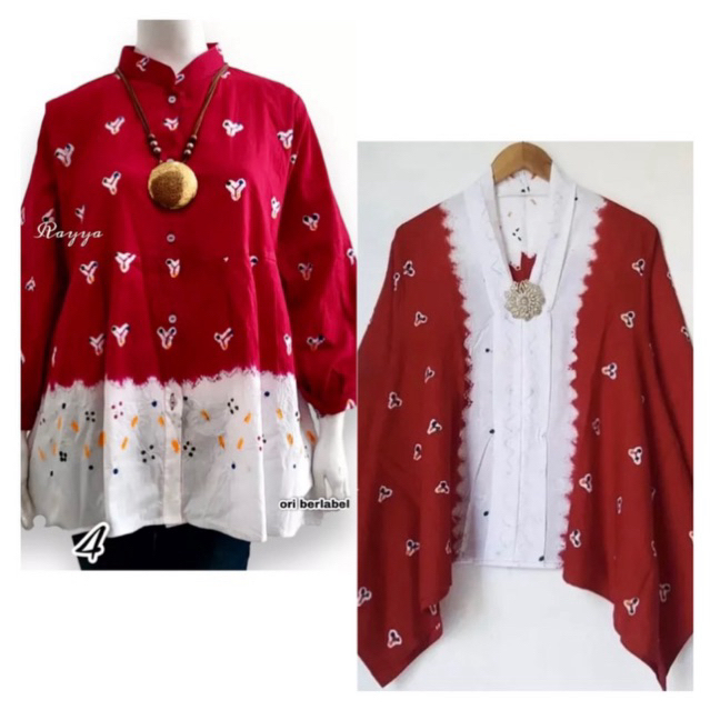 NEW • ATASAN JUMPUTAN MERAH PUTIH • TUNIK JUMPUTAN ASLI • JUMPUTAN MERAH PUTIH • Kain jumputan asli 