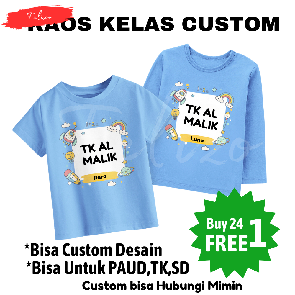 Kaos Custom Tk Paud  SD Seragaman Kelas Anak Cewek Cowok Laki Laki Perempuan Unisex Bisa Custom Desain Motif Nama Sekolah &amp; Siswa Sesuai Request  Bahan Cotton Combed Tebal Halus Adem Sablon Couple Kartun Animasi Nama Anak Paud Dan Inisial Umur 3-12 Tahun