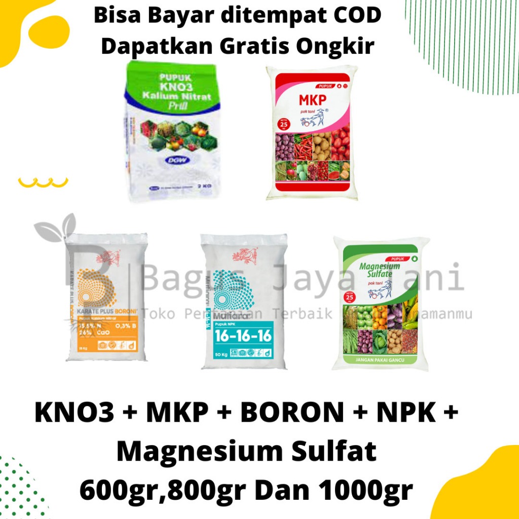 KNO3 PUTIH+MKP PAK TANI+BORON+NPK 16 16 16+MAGNESIUM SULFAT PAKET PUPUK BUAH ANGGUR & SAYUR 200GR