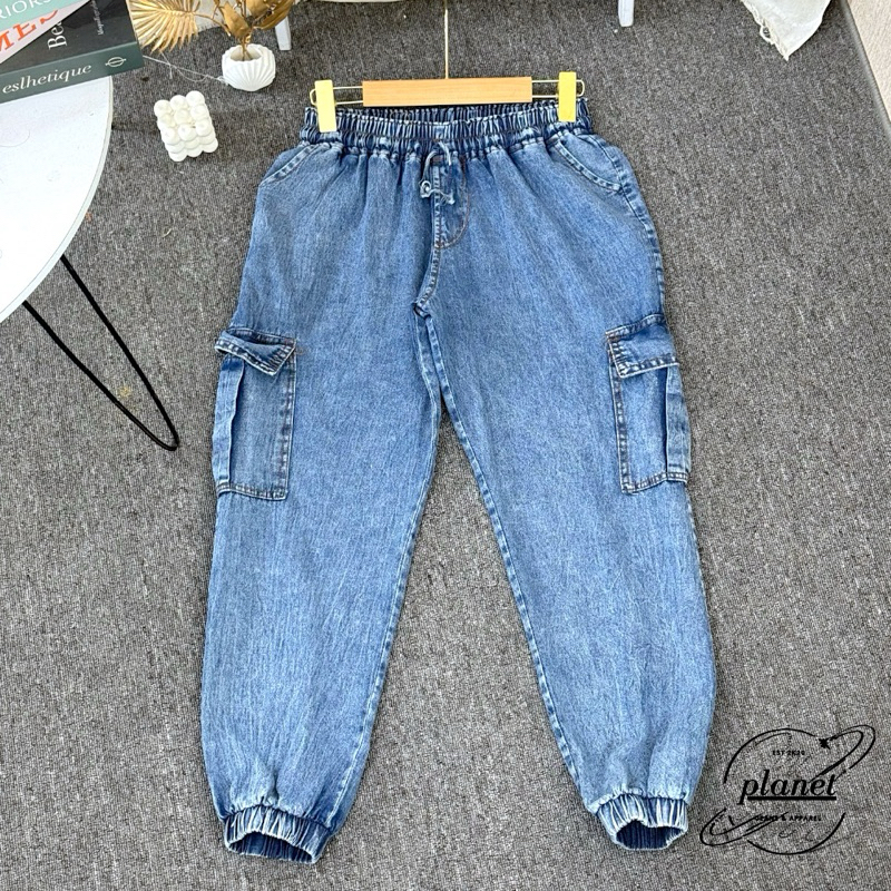 CELANA CARGO JEANS WANITA CELANA CARGO PANJANG JOGGER CELANA JEANS PINGGANG KARET TALI KERUT CELANA 