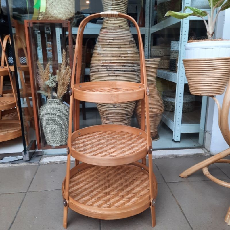 Wadah Rak Bawang Bambu Bulat Rak Bumbu susun Rak Anyaman Bambu Rak Dapur