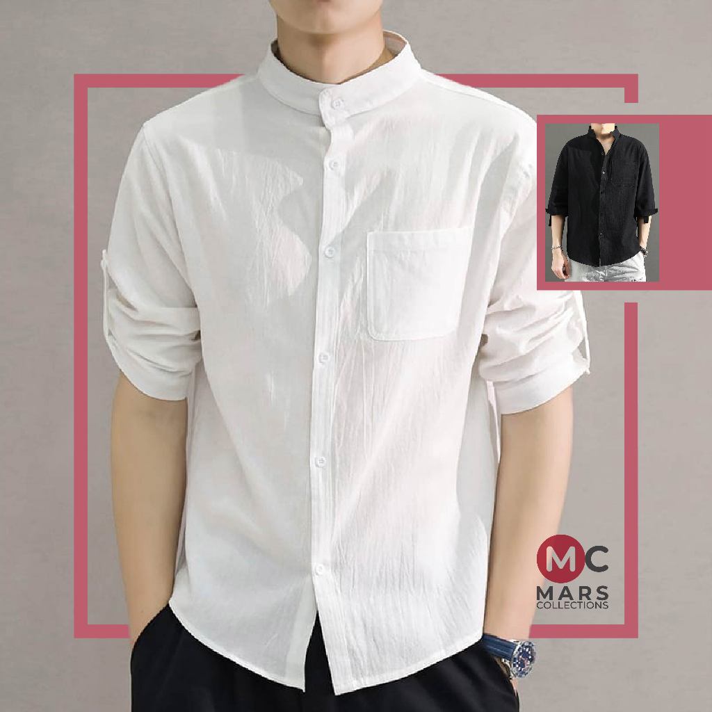 Kemeja Pria Casual Lengan 3/4 Slimfit Polos Round Neck Korea Style Katun Kujira Premium Warna Putih 