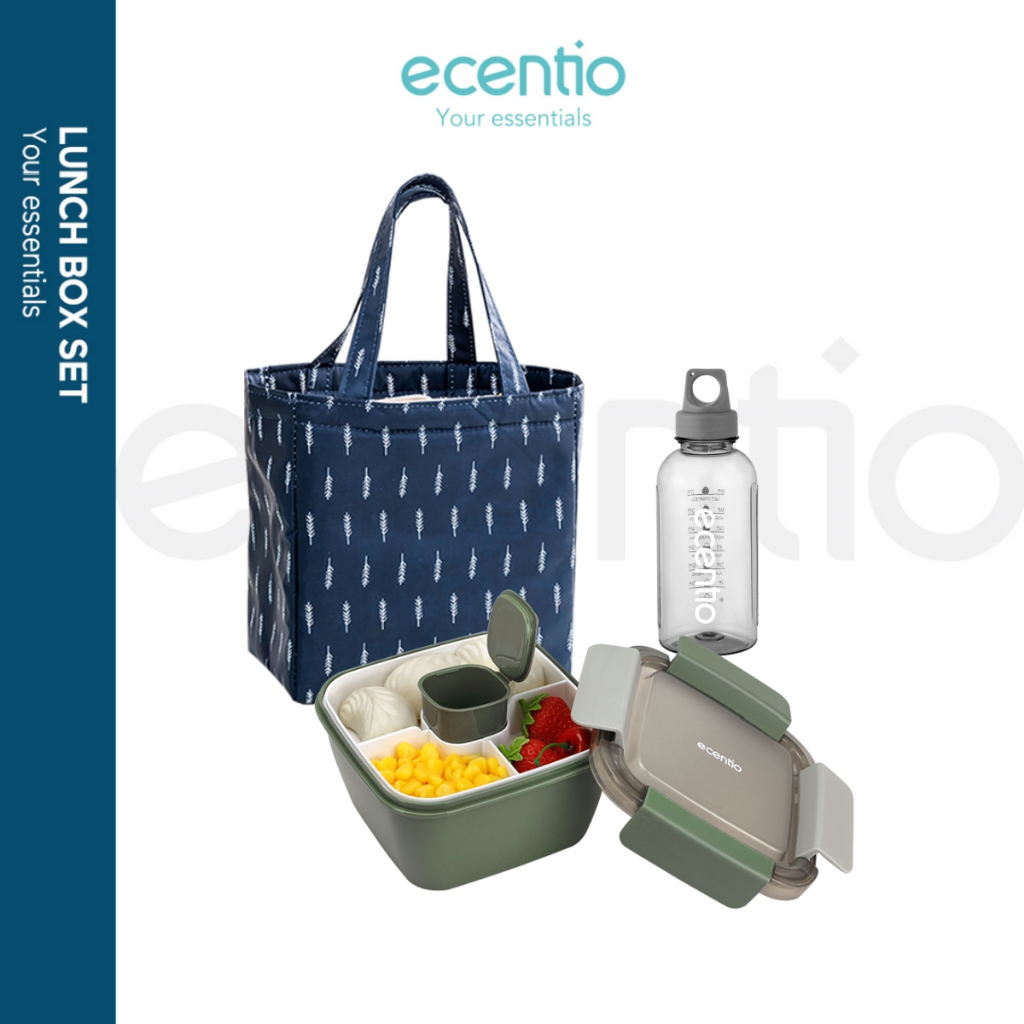 	 ecentio lunch box botol minum set free sendok kotak bekal anti tumpah	