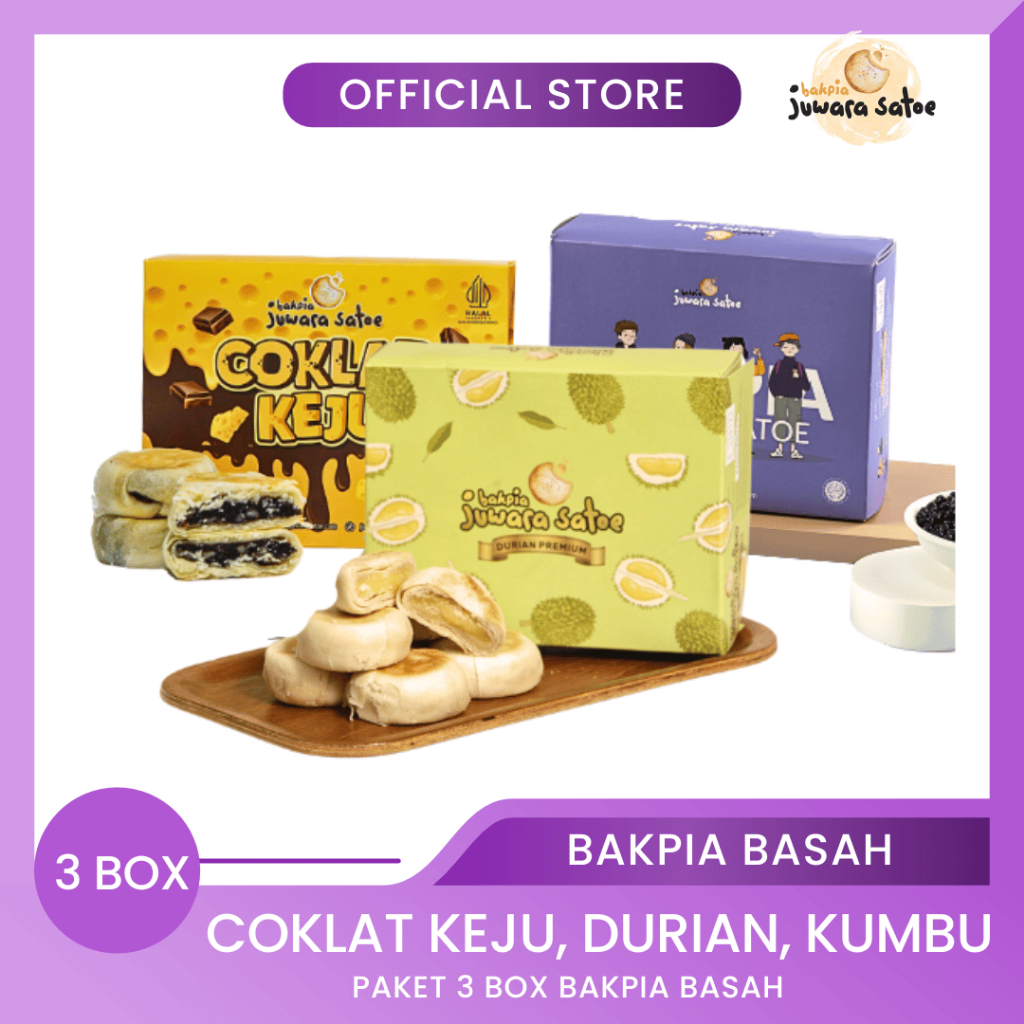 

BAKPIA JUWARA SATOE [ 3 Box ] Paket Bakpia Basah (Coklat Keju, Durian, Kumbu) - Oleh Oleh Khas Jogja