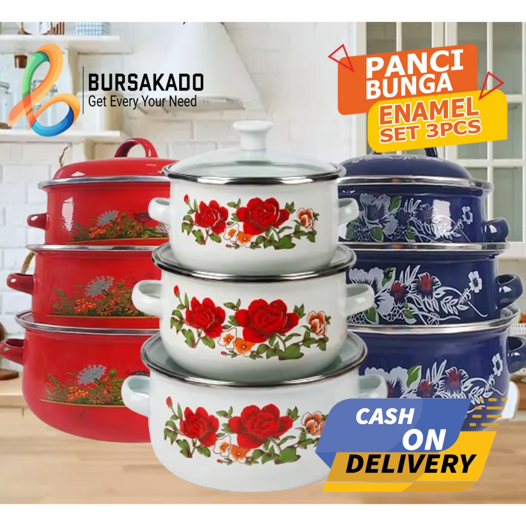 Panci Bunga Calypso 3 Susun / Panci Enamel Bunga Set 3pcs