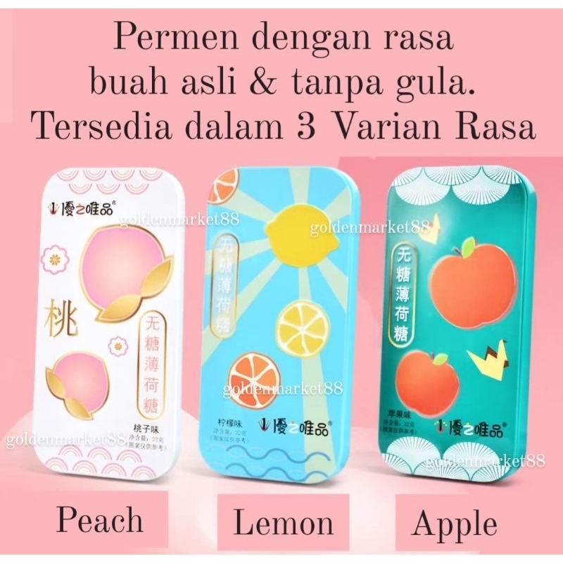 

22G PERMEN MINT RASA BUAH ASLI TANPA GULA KALENG FRUIT CANDY NO SUGAR PEACH APPLE LEMON FLAVOUR 22GR ENAK WANGI