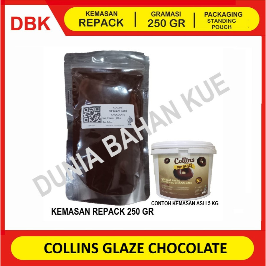 

COLLINS DIP GLAZE DARK CHOCOLATE - REPACK 250 GR / TOPPING DONAT PISANG NUGGET