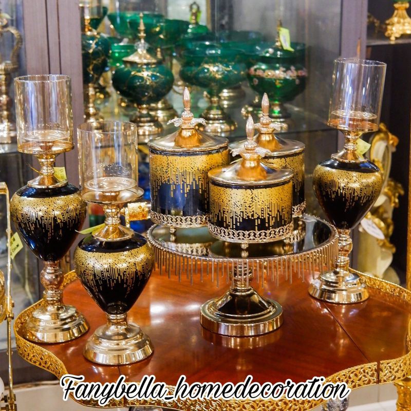 Pajangan Meja Vas Antik Toples Kaca Hitam Gold emas Dekorasi Rumah Import/FANYBELLA