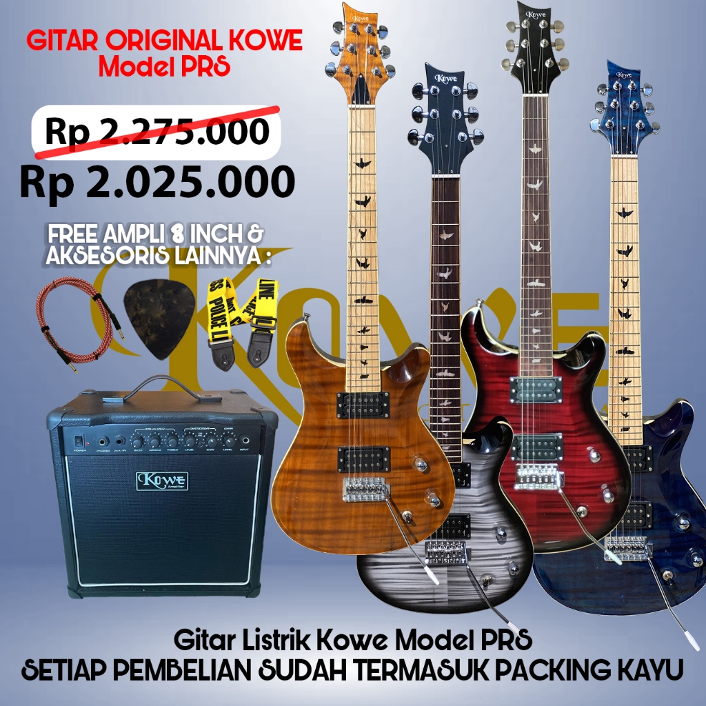 Paket Hemat Gitar Listrik / Gitar Elektrik Model K-PRS Merk Kowe Original Bonus Ampli 8 inch