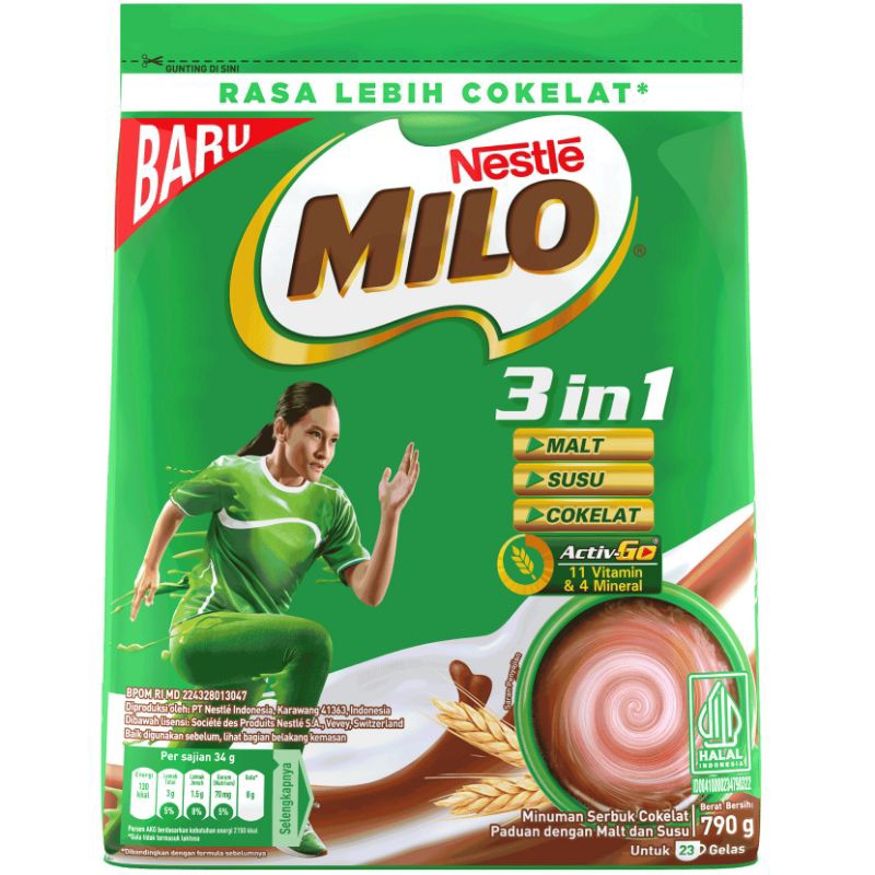 

Milo 3in1 kemasan 790 gr Minuman Cokelat Susu dan Malt