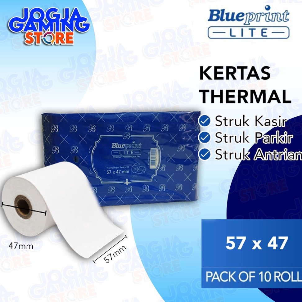 

KODE F74Y KERTAS THERMAL STRUK KASIR BLUEPRINT LITE 57X47 P mm 1 PACK ISI 1 ROL