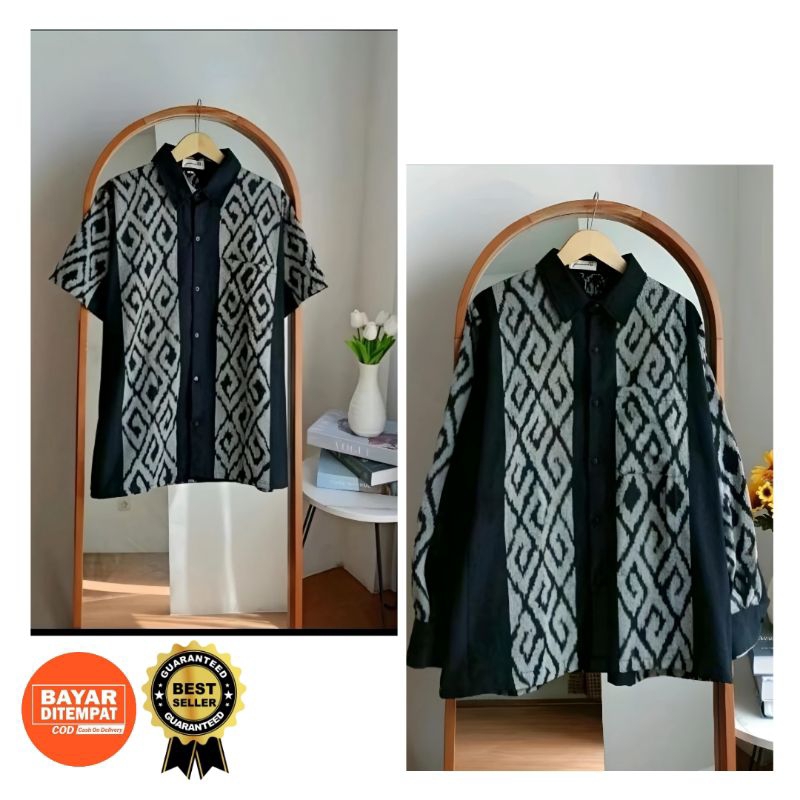 Kemeja Tenun Pria, Kemeja Tenun Blanket Etnik Jepara Motif Toraja Hitam Baju Batik Kondangan 01