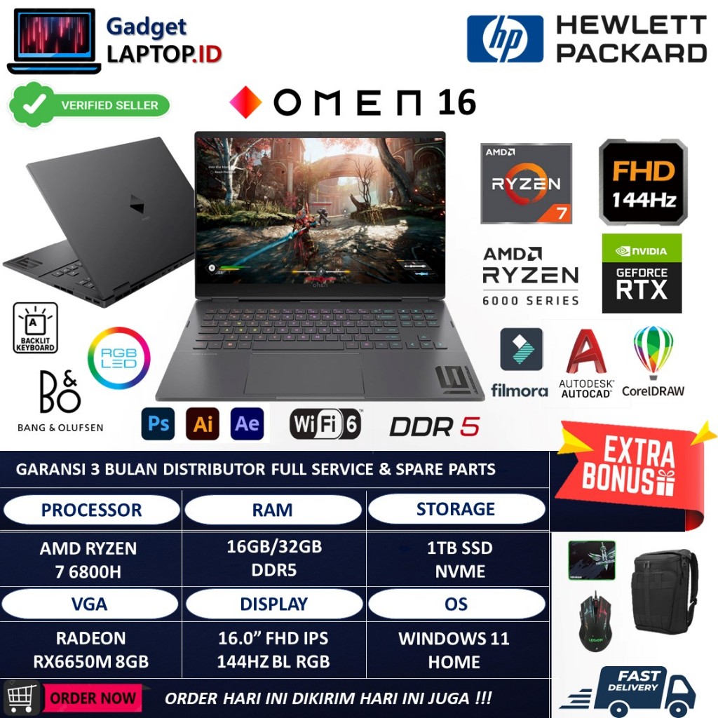 LAPTOP GAMING OMEN 16 AMD RYZEN 7 6800H DDR5 32GB 1TB SSD RX6650M 8GB FHD IPS 144HZ RGB BACKLIGHT