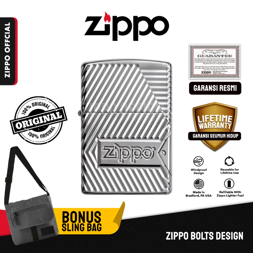 Zippo Original Bolts Design 29672 | Garansi Lifetime | Original USA