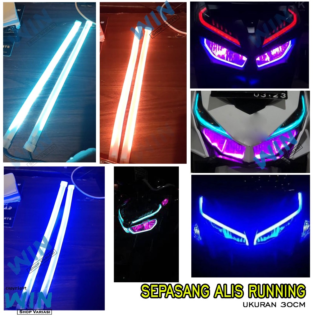 Lampu DRL Alis 30CM Slim Flexible 2 Warna Led Sen Running Kuning Senja Biru Waterproof Universal Var