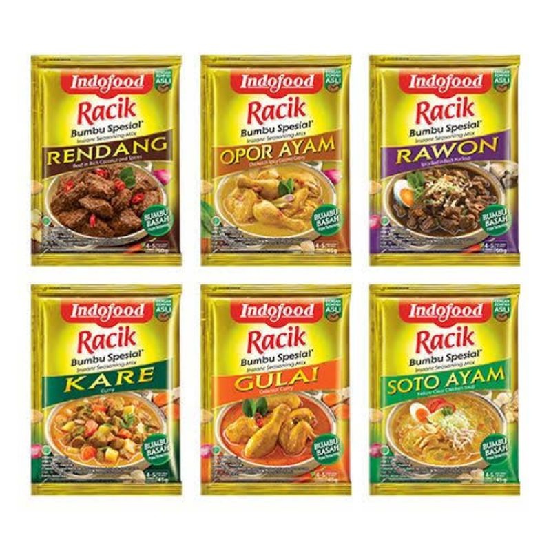 

Indofood Bumbu Racik Spesial Soto Ayam, Rendang, Kare, Rawon, Opor Ayam & Gulai 45 Gr