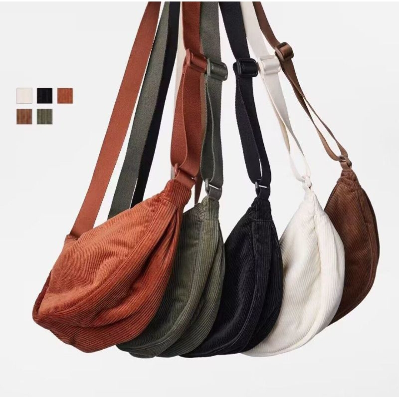 Tas Selempang Wanita Corduroy Round Shoulder Bag Tas Selempang Sling Bag Unisex Half Moon Tas Bahu A