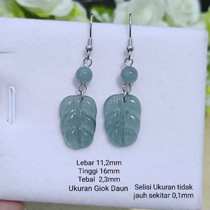 Anting Giok Biru Ukir Daun Jade Asli Sertifikat Type A