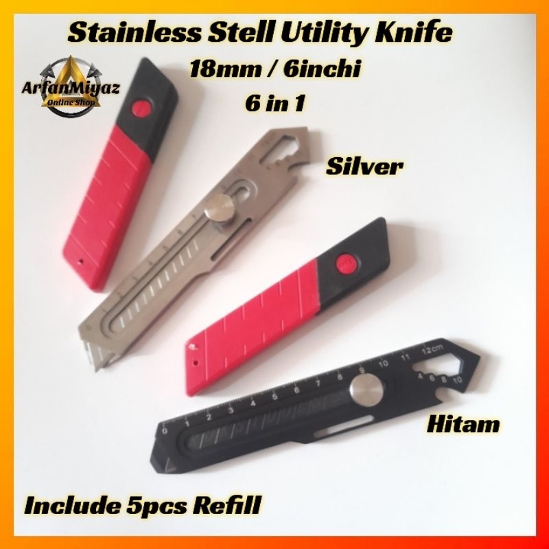 

Pisau Cutter Plus 5pcs Refill 18mm 6 in 1 multifungsi Baja Cutter Besi Stainless Besar 5 pcs Set Pisau Cutter Pemotong Kertas