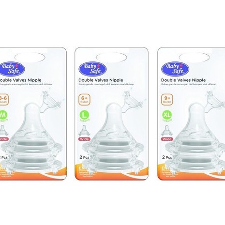 Jessen Baby Safe Babysafe DWNOM  DWNOL  DWNXL Double Valves Wide Neck Nipple Dot Bayi  1set isi 2