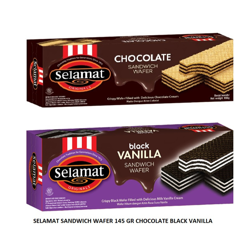 

SELAMAT SANDWICH WAFER CHOCOLATE COKLAT CREAM BLACK VANILLA CREAM 145gr