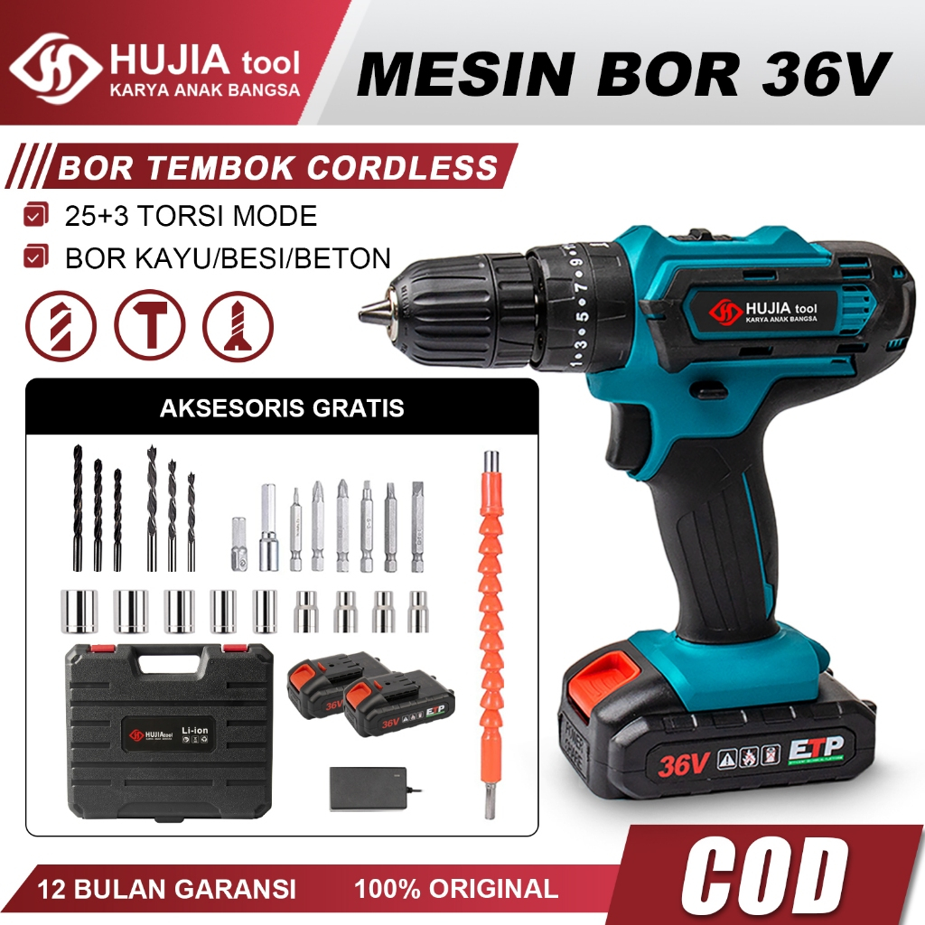 HUJIA 36Vf Mesin Bor Baterai Bor Cas 25+3 Bor Cordless Impact Drill 10mm Bor Tangan 2 Batre Case Bor