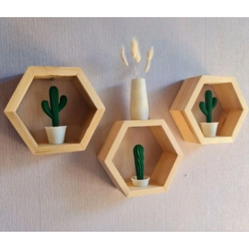 Hiasan Dinding Hexagonal Hiasan Dinding Aesthetic Rak Hexagonal Kayu Jati Pajangan Hiasan Dinding Ga