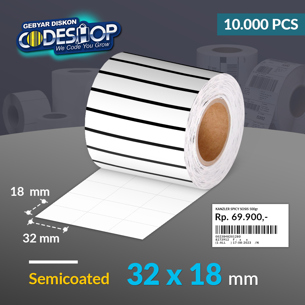 

Codeshop Label Semicoated 32 x 18 mm 3 Line Stiker Printer Barcode Core Besar 3 Inch Isi 10.000 Pcs