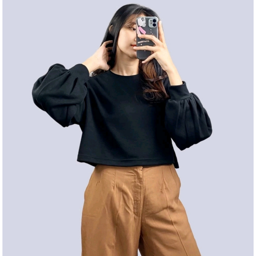 Kaos Sweter Crop Wanita Lengan Balon Terbaru Yang Lagi Viral