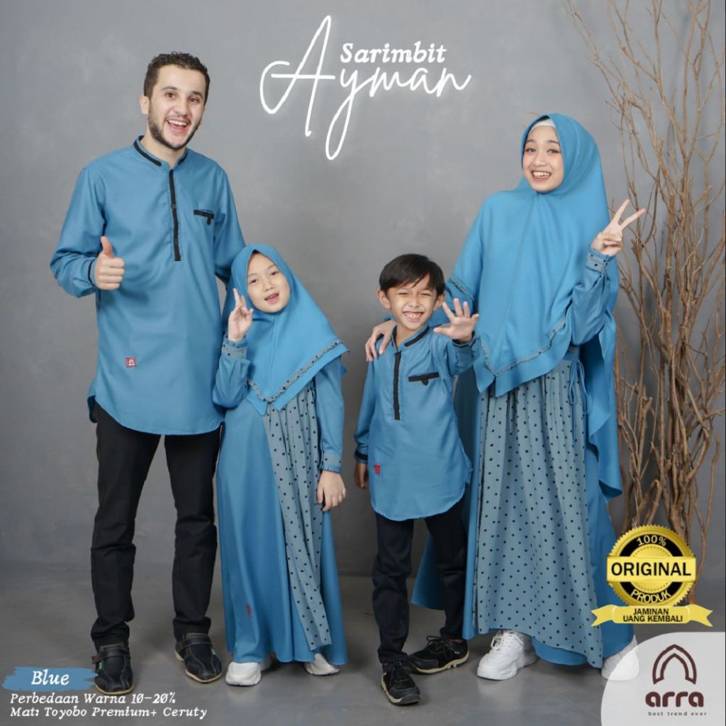 Sarimbit Keluarga Arra Baju Koko Gamis Ayah Ibu Anak YU15 SERIES AYMAN WARNA BLUE BIRU ORIGINAL BRAND ARRA Premium Baju Couple Lebaran Keluarga Muslim 2024