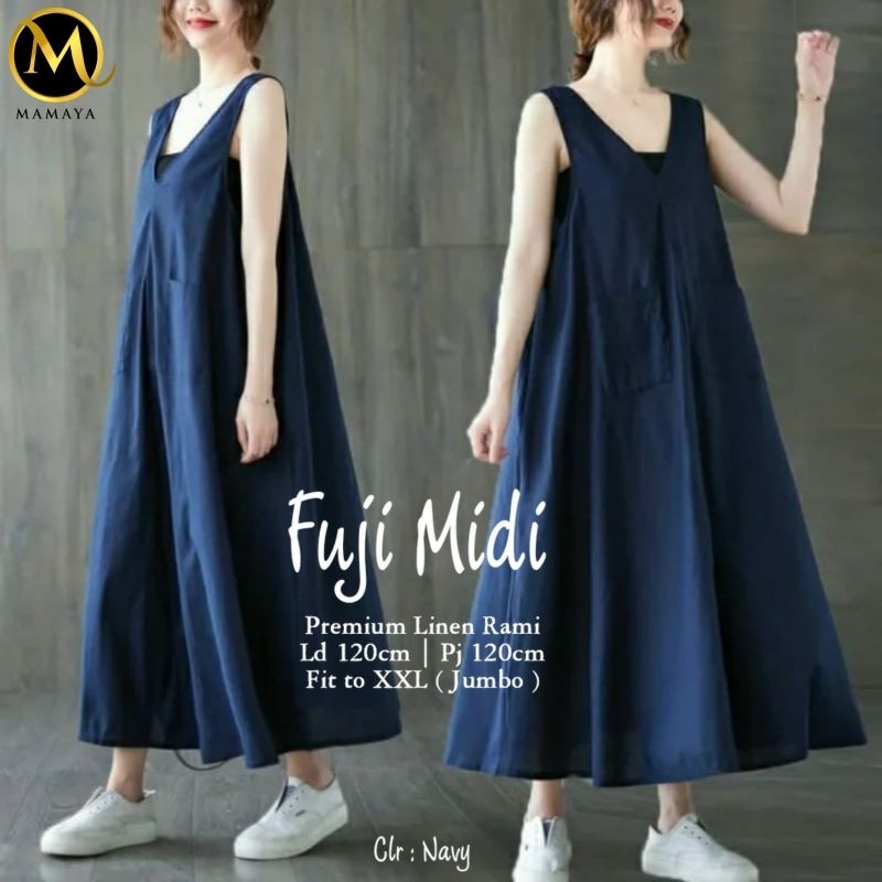 Midi dress tanpa lengan overall bahan linen premium JUMBO Fuji midi mamaya