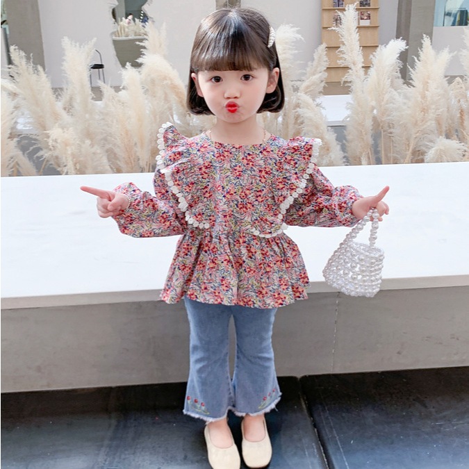 Setelan Import Pakaian Anak Perempuan Model Blus Lengan Panjang Motif Bunga Dan Celana Jeans Panjang