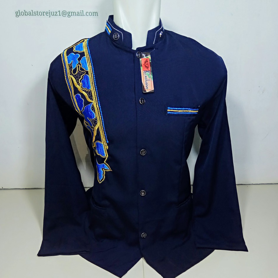 Hemat Pembelian  Jasko Bordir Jas Koko Pakain Muslim Pria Warna Biru Dongker D66 Bahan Hightwis Teba