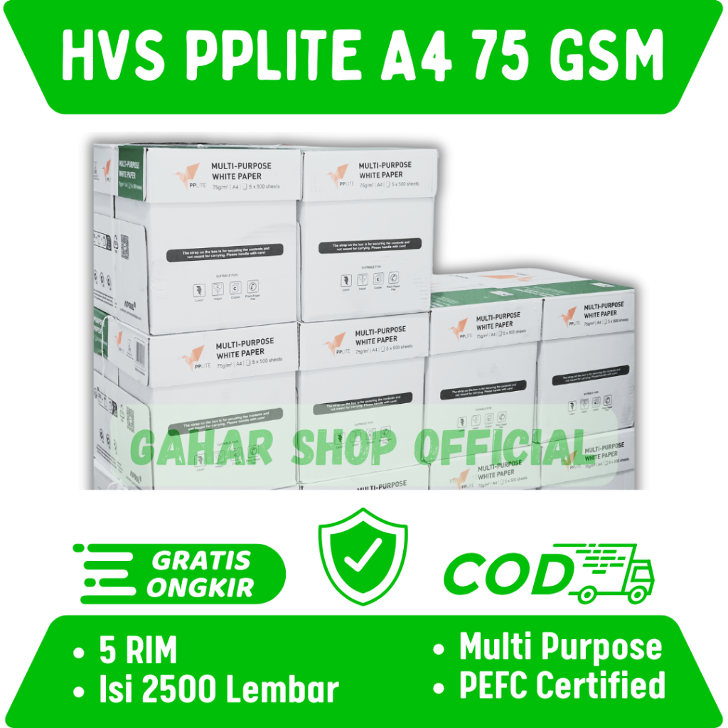 KERTAS HVS 1 KARTON / 5 RIM PPLITE A4 75 GSM | KUALITAS PREMIUM UNTUK HASIL CETAK PROFESIONAL