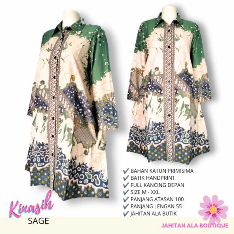KINASIH SAGE - Dress Tunik Batik Wanita Modern, Seragam Batik Guru Kantor Kerja Model Atasan Tunik B
