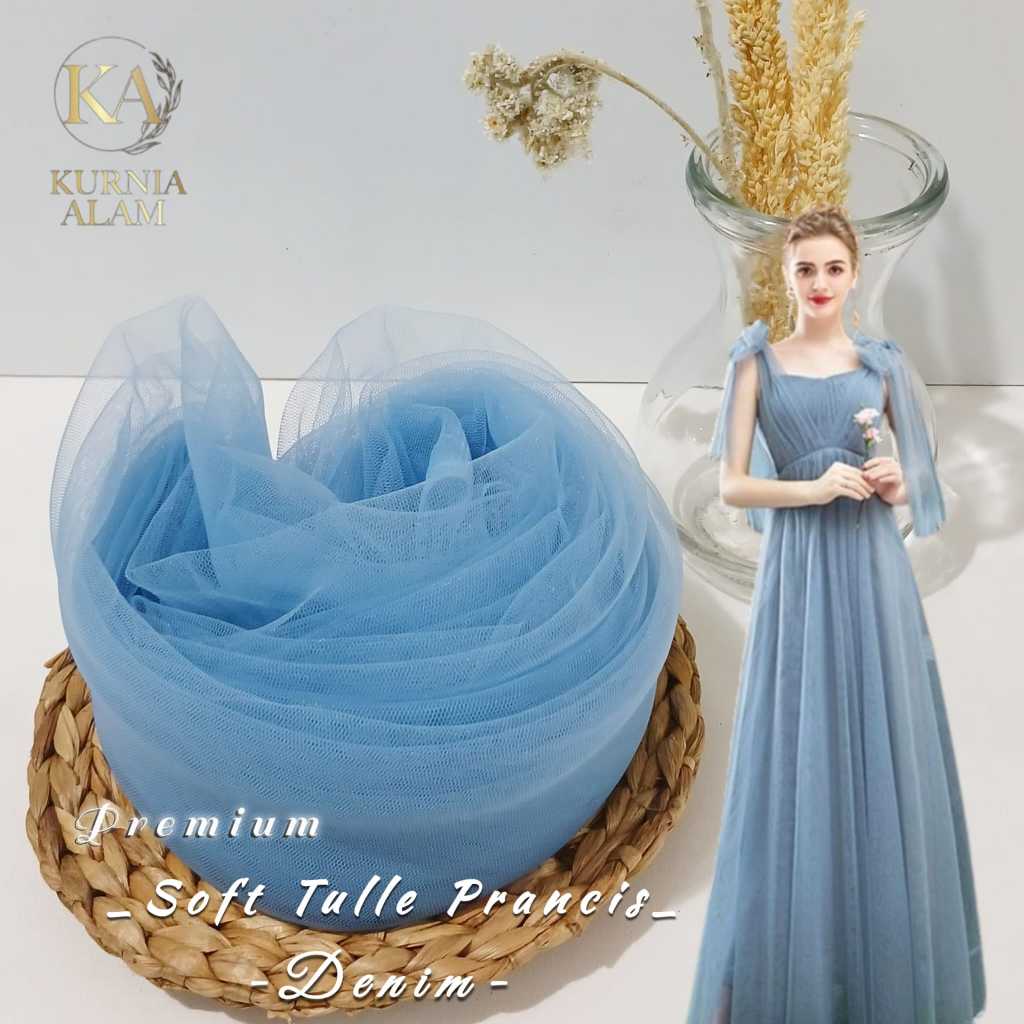Soft Tulle Prancis Premium Mewah Halus Jatuh WARNA DENIM Bahan Dress, Gaun Lebar 170cm