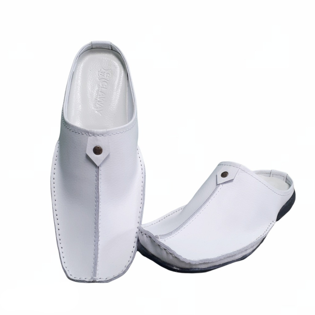 Sandal selop pria kulit sepatu sandal putih slip on sandal selop cowok kasual white