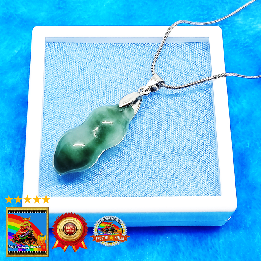 Kalung Liontin batu Giok Tiongkok model labu Putih bermotif Hijau